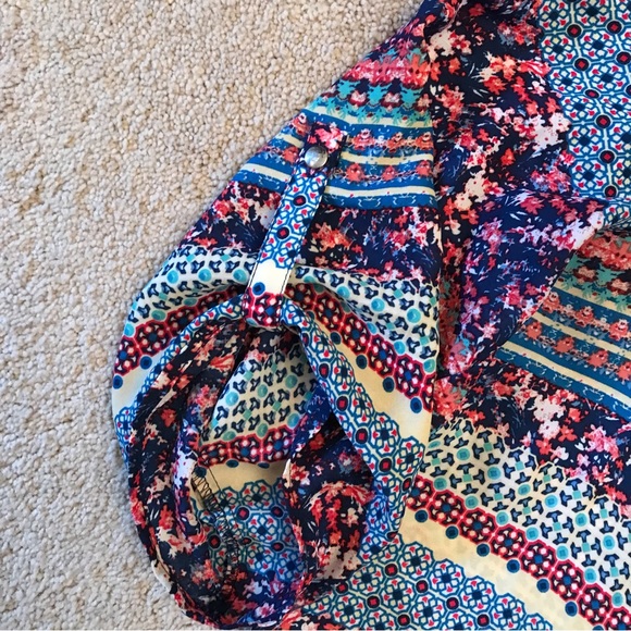 Sami Jo Printed Semi Sheer Summer Blouse Plus Size 1X Blue Pink High Low Hemline - Picture 9 of 10